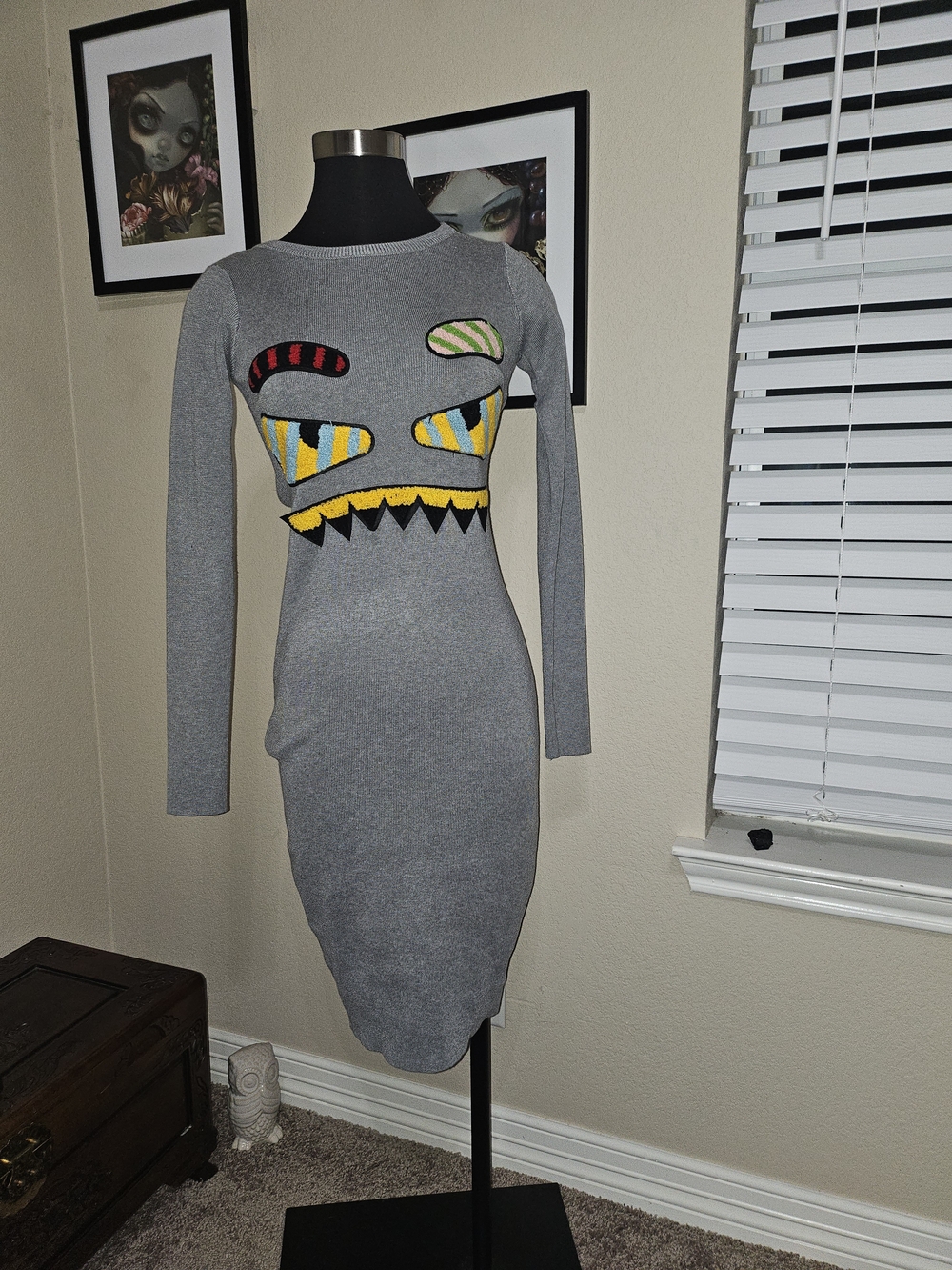 Monster Face Long-Sleeve Knit Dress